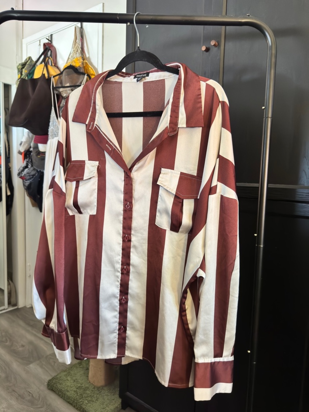 Satin Striped Button-Up Women’s Shirt in Brown and White